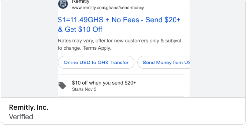 Remitly Google Ad: $1 = 11.49 GHS · $10 off promo