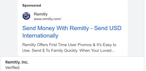 Remitly Google Ad: Send USD Internationally