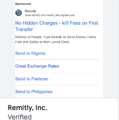 Remitly Google Ad: No Hidden Charges · First Transfer